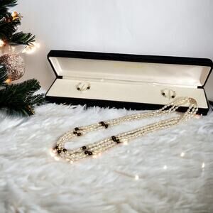 Freshwater Rice Pearl, Onyx, Gold Tone Beads, 3 Strand Necklace, Earring Box Set